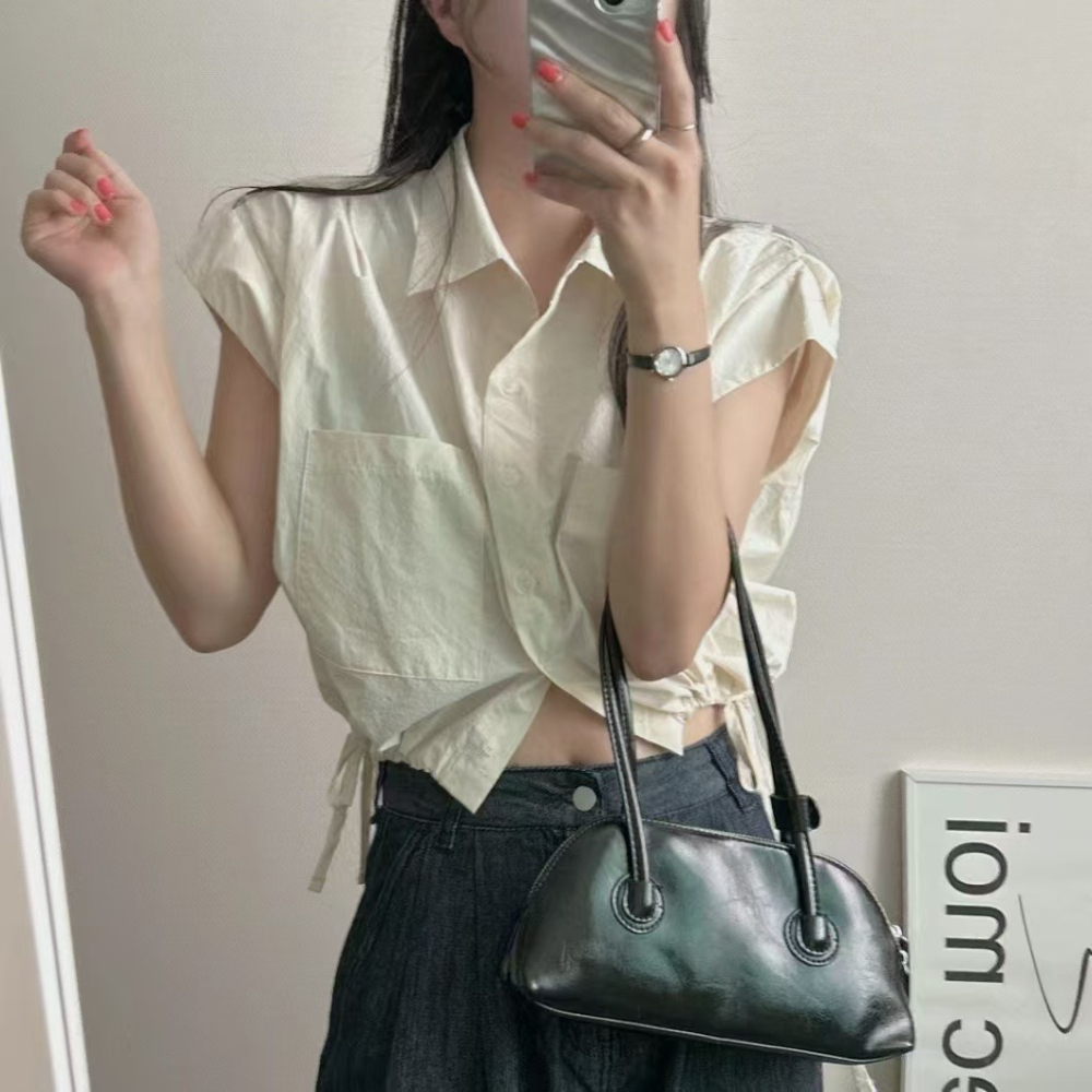 VENUSY｜ 韓國女裝｜純棉摺袖短版襯衫 韓國襯衫-細節圖5