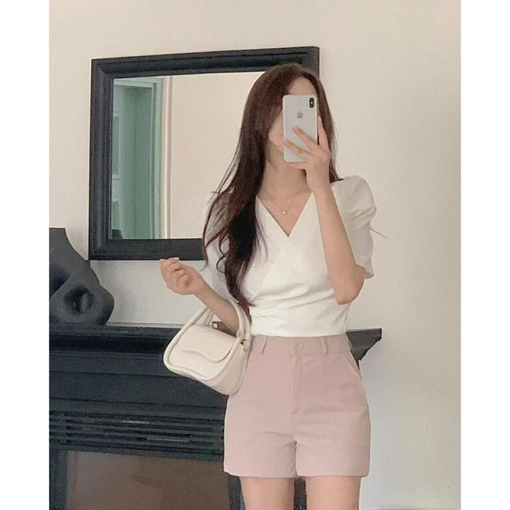 VENUSY｜ 韓國女裝｜純棉短袖 V 領泡泡抽褶修身上衣 顯瘦 螞蟻腰-細節圖4