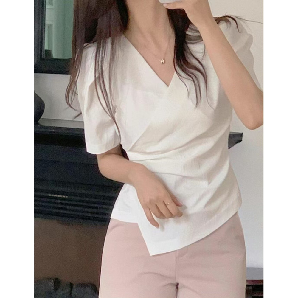 VENUSY｜ 韓國女裝｜純棉短袖 V 領泡泡抽褶修身上衣 顯瘦 螞蟻腰-細節圖5