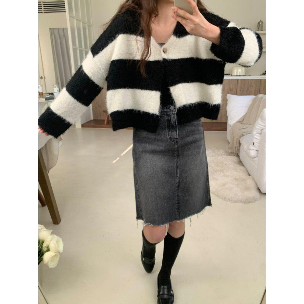 VENUSY．正韓 - 韓國女裝｜粗橫條紋針織外套-細節圖3