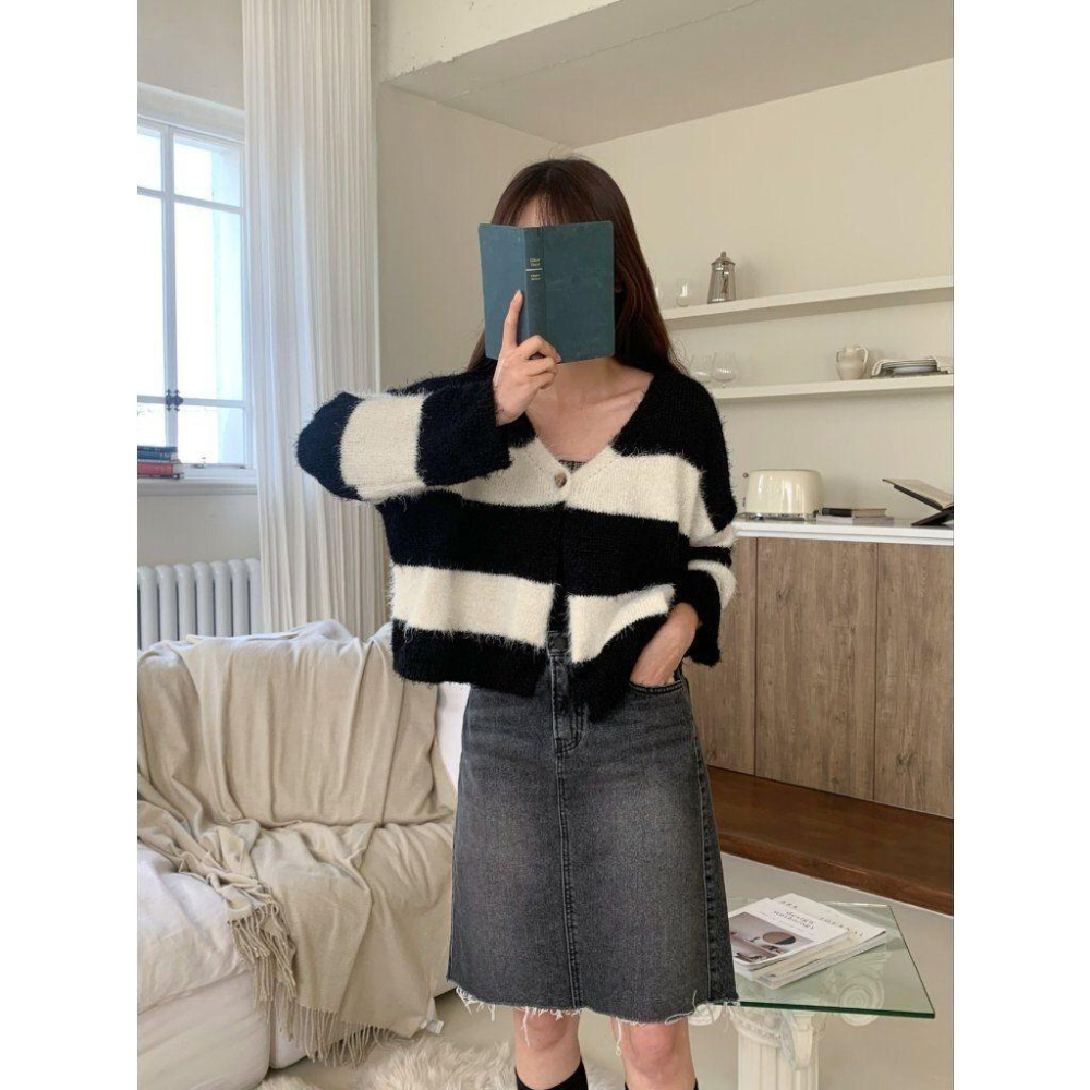 VENUSY．正韓 - 韓國女裝｜粗橫條紋針織外套-細節圖4