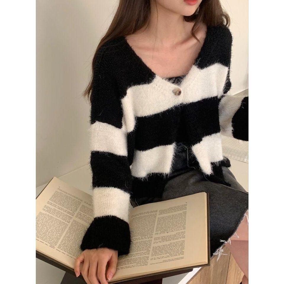 VENUSY．正韓 - 韓國女裝｜粗橫條紋針織外套-細節圖5