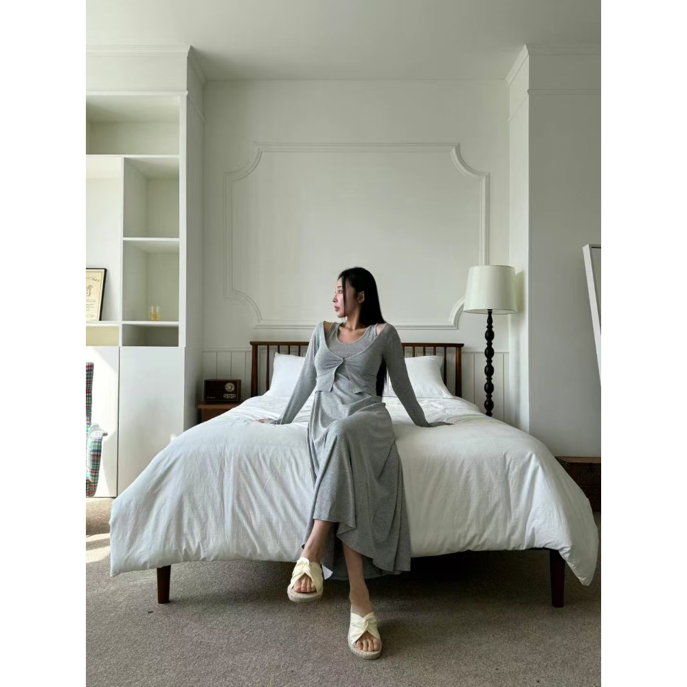 VENUSY．正韓 - 韓國女裝｜螺紋無袖連身裙 + 螺紋小外套 (套裝)-細節圖7