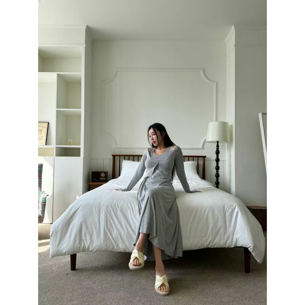 VENUSY．正韓 - 韓國女裝｜螺紋無袖連身裙 + 螺紋小外套 (套裝)-細節圖8