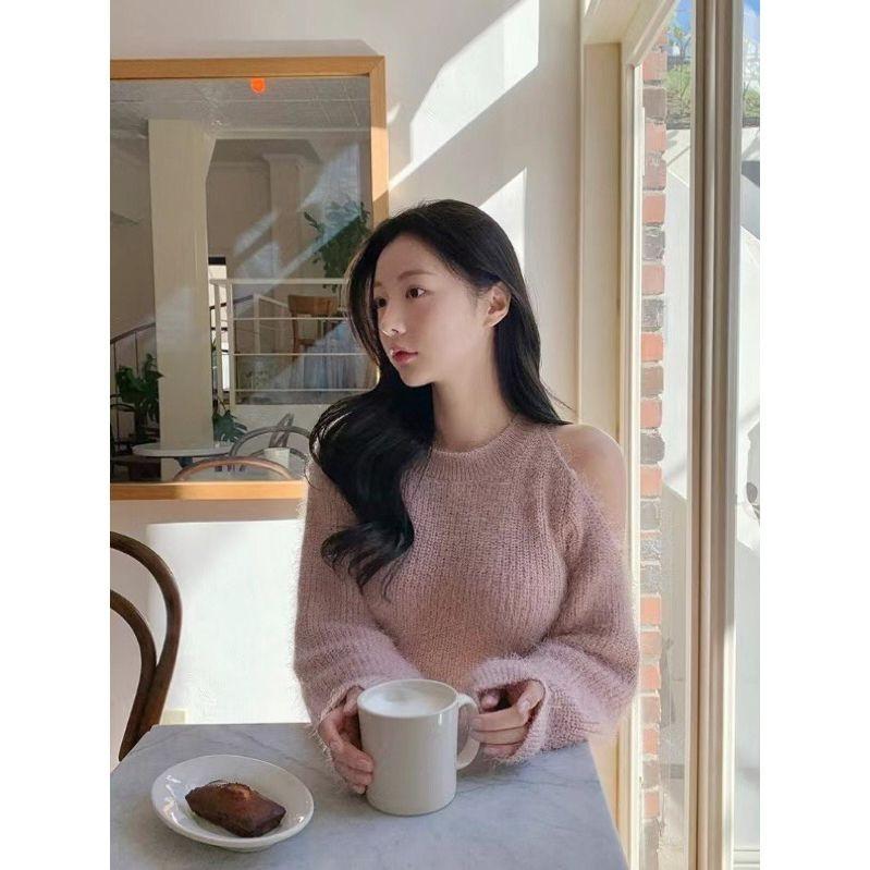 VENUSY．正韓 - 韓國女裝｜不對稱露肩針織毛衣-細節圖3