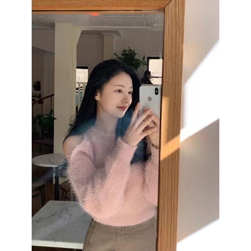 VENUSY．正韓 - 韓國女裝｜不對稱露肩針織毛衣-細節圖4