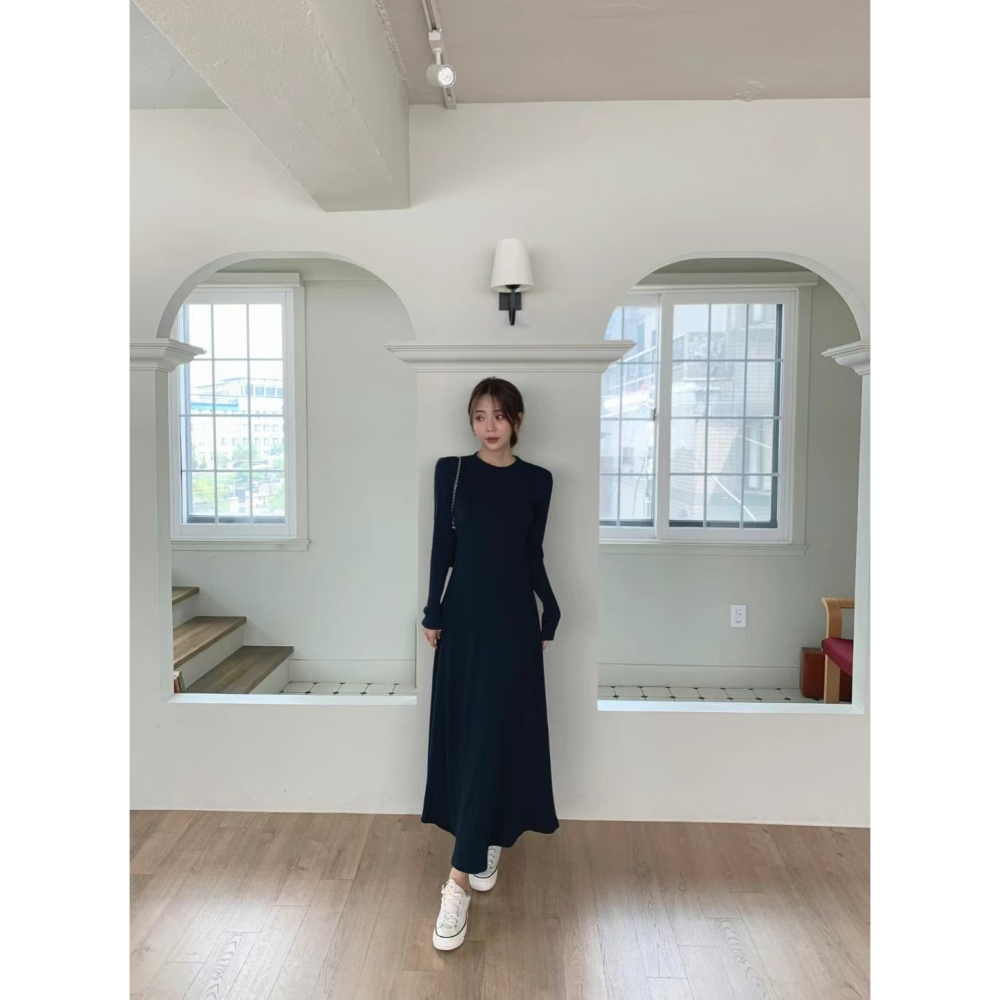 VENUSY．正韓 - 韓國女裝｜長袖修身螺紋超長連衣裙-細節圖6