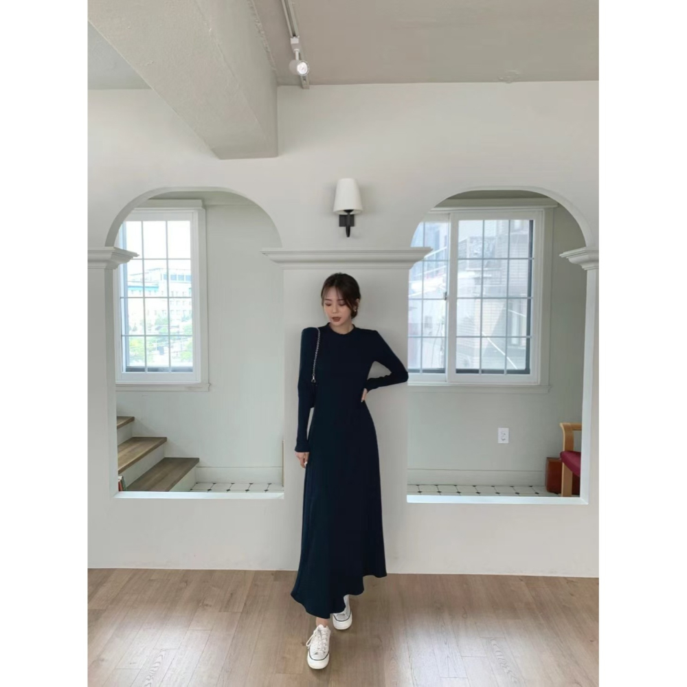 VENUSY．正韓 - 韓國女裝｜長袖修身螺紋超長連衣裙-細節圖8