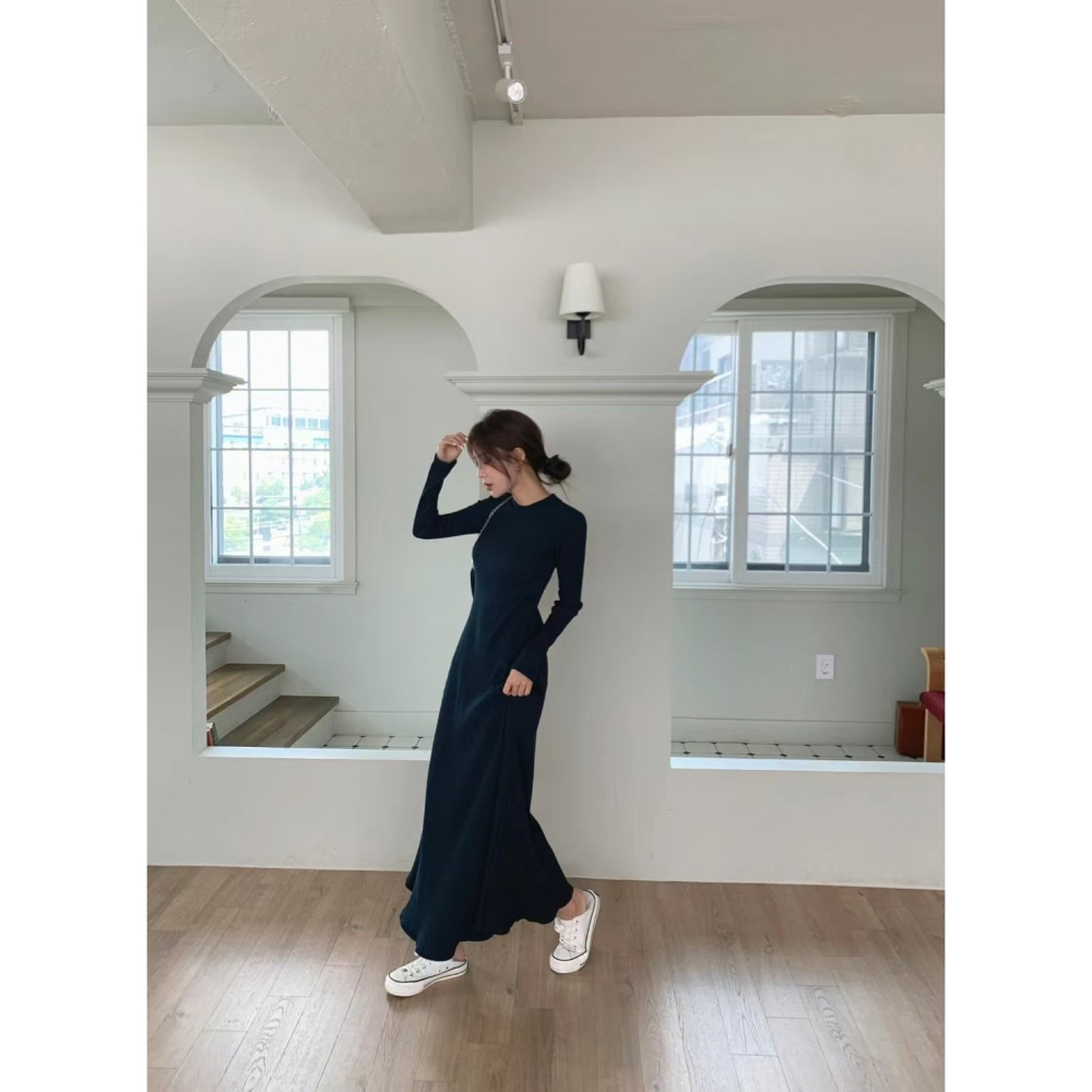 VENUSY．正韓 - 韓國女裝｜長袖修身螺紋超長連衣裙-細節圖9