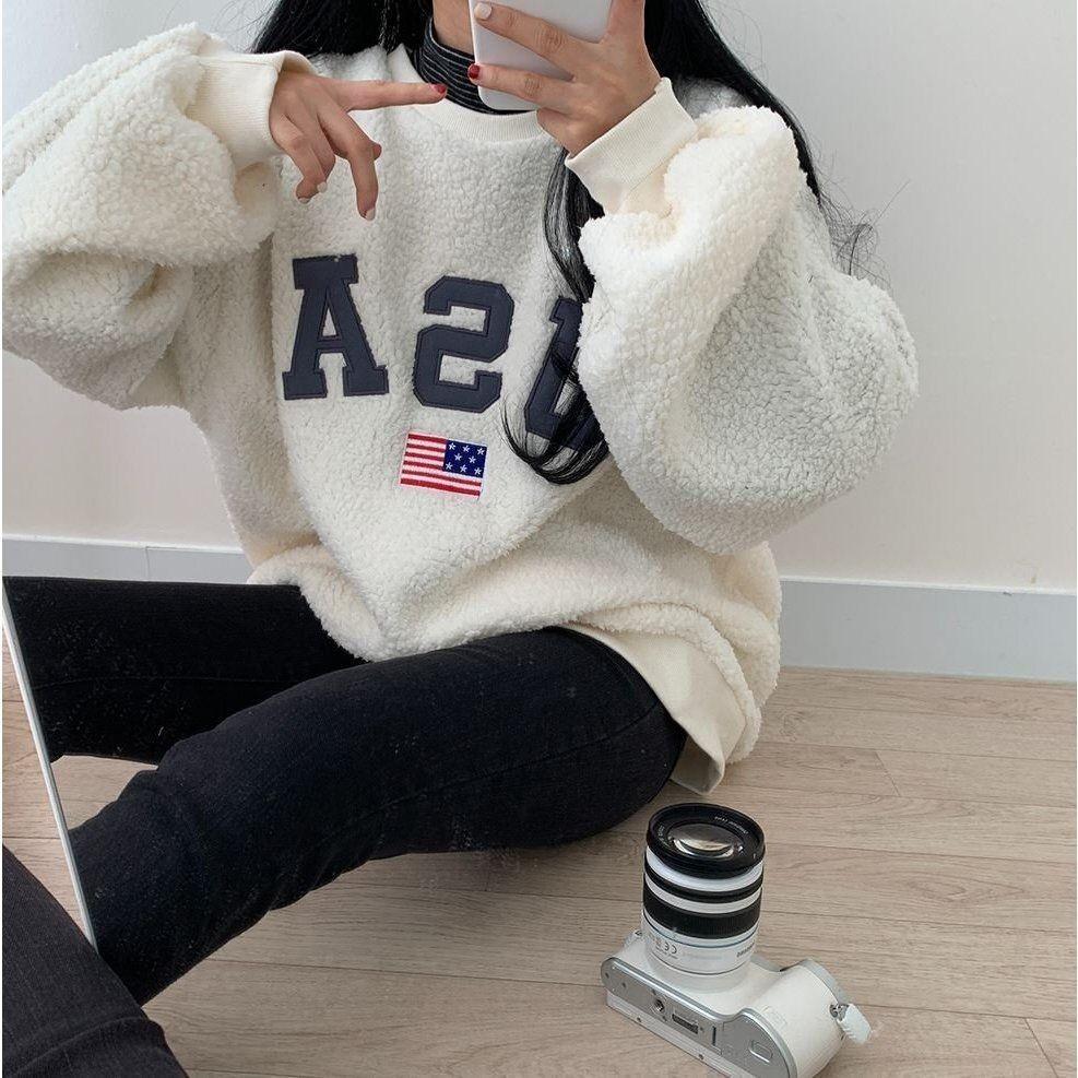 VENUSY．正韓 - 韓國女裝｜泡泡絨美國衛衣 USA韓流大學T-細節圖2