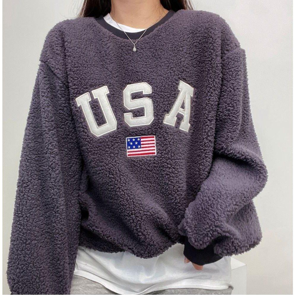 VENUSY．正韓 - 韓國女裝｜泡泡絨美國衛衣 USA韓流大學T-細節圖6