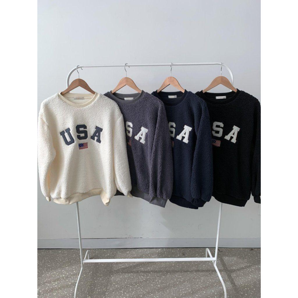 VENUSY．正韓 - 韓國女裝｜泡泡絨美國衛衣 USA韓流大學T-細節圖8