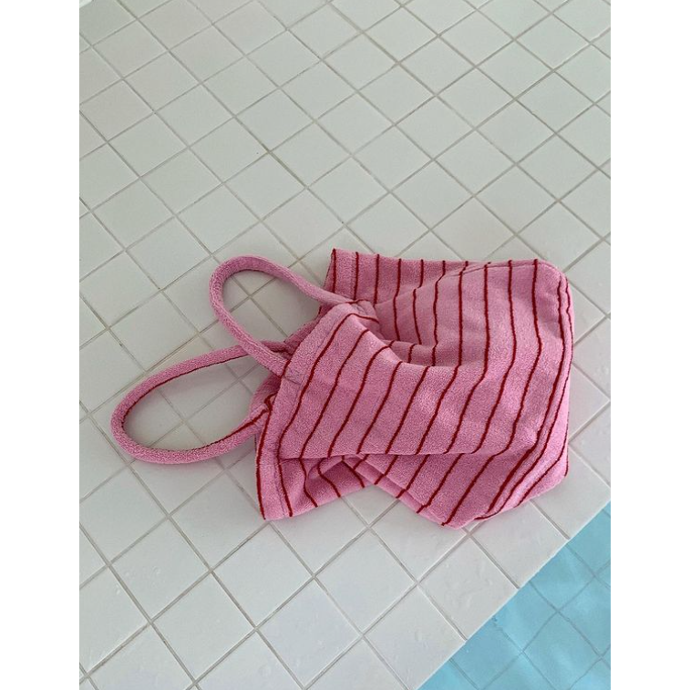 VENUSY｜ 韓國女裝｜純棉暗粉條紋沙灘巾包 沙灘包 比基尼 手提包 度假-細節圖2