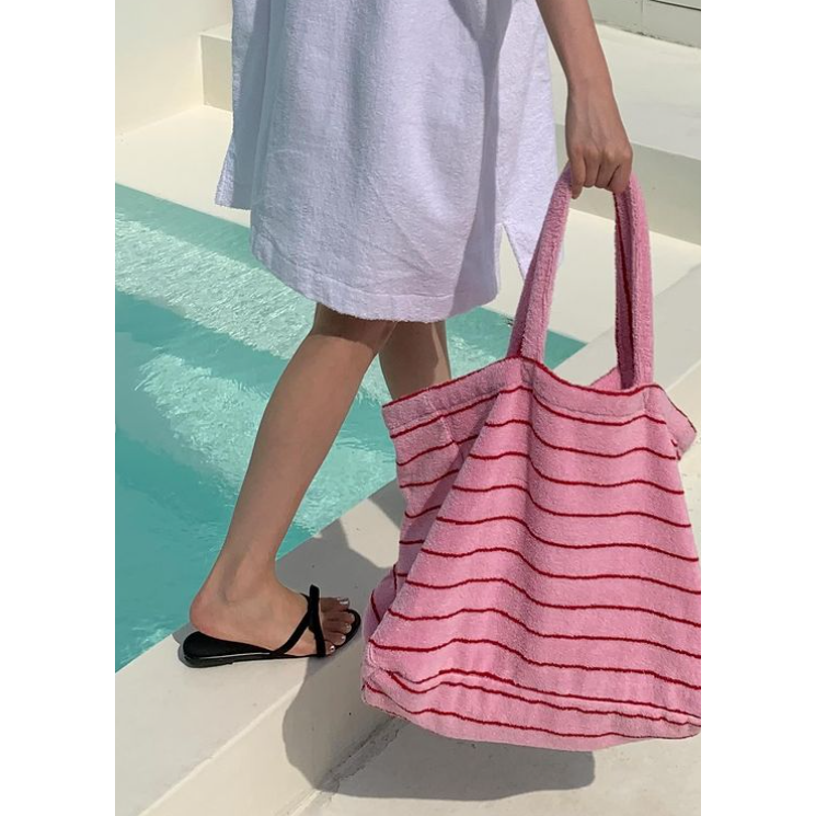 VENUSY｜ 韓國女裝｜純棉暗粉條紋沙灘巾包 沙灘包 比基尼 手提包 度假-細節圖3
