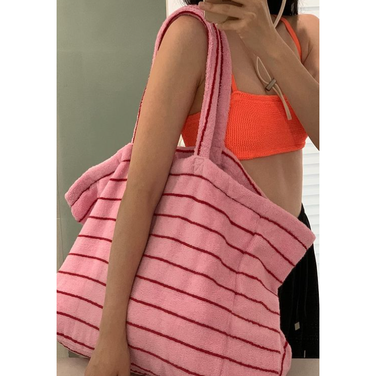 VENUSY｜ 韓國女裝｜純棉暗粉條紋沙灘巾包 沙灘包 比基尼 手提包 度假-細節圖4