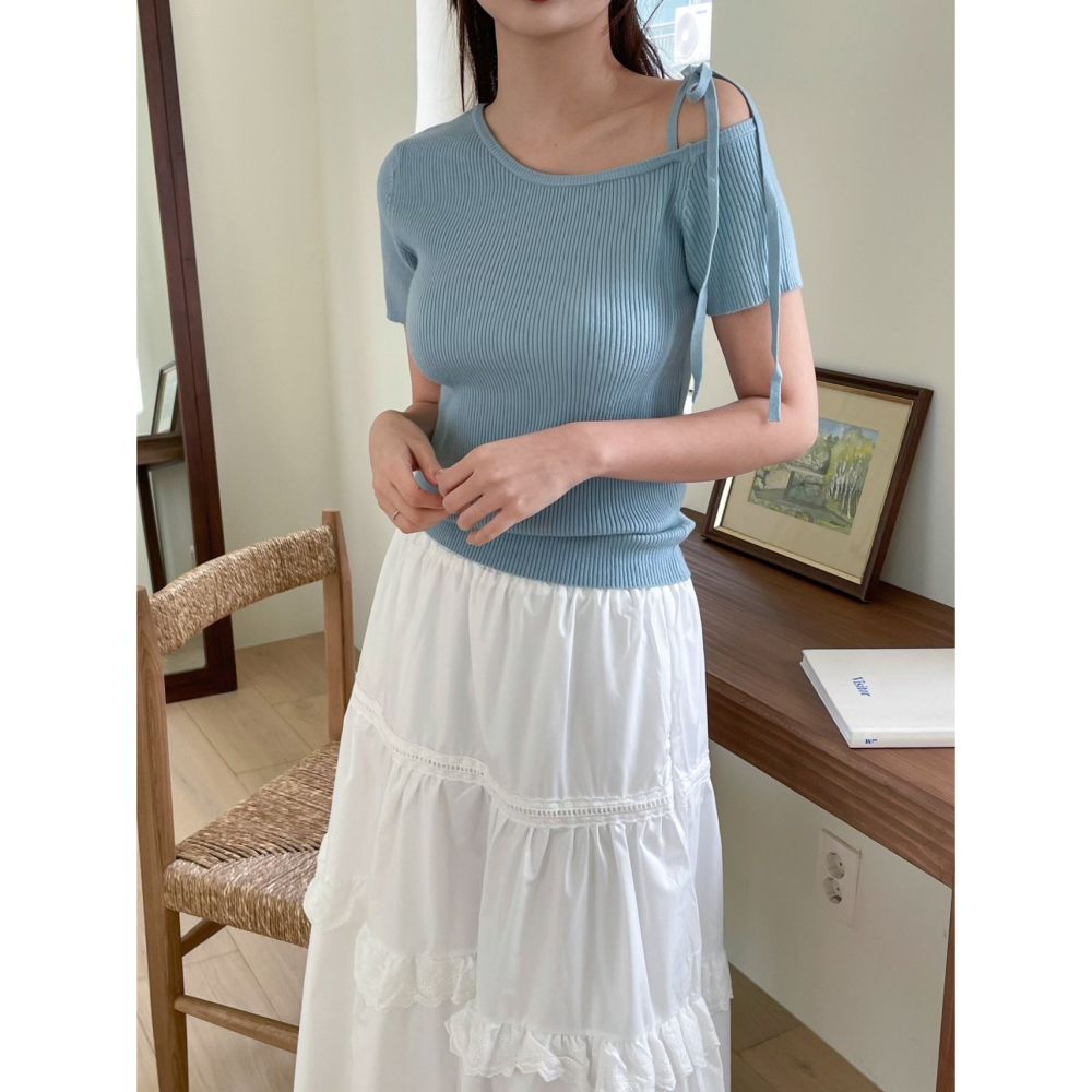 VENUSY｜ 韓國女裝｜修身蝴蝶結絲帶短袖針織上衣 休閒-細節圖2