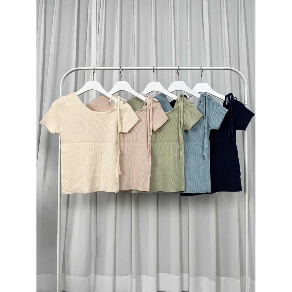 VENUSY｜ 韓國女裝｜修身蝴蝶結絲帶短袖針織上衣 休閒-細節圖11