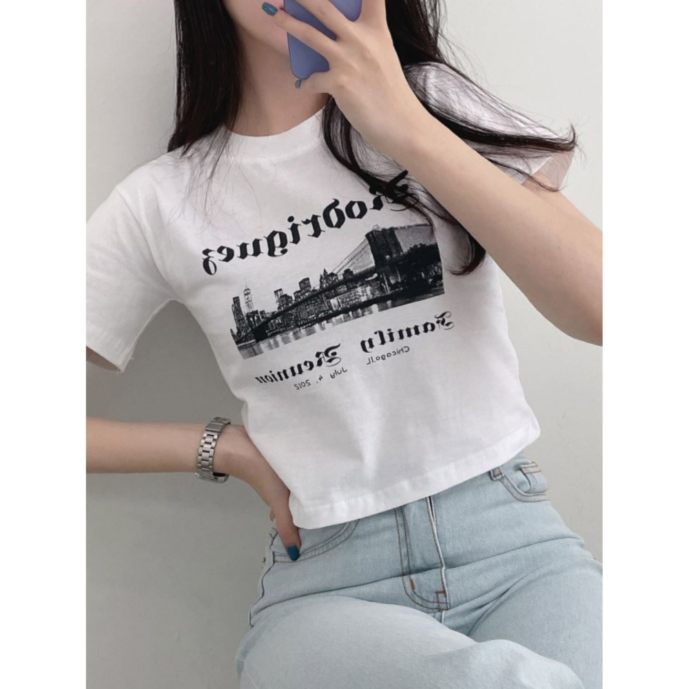 VENUSY｜ 韓國女裝｜芝加哥短版純棉T恤 韓國T恤 黑白-細節圖2