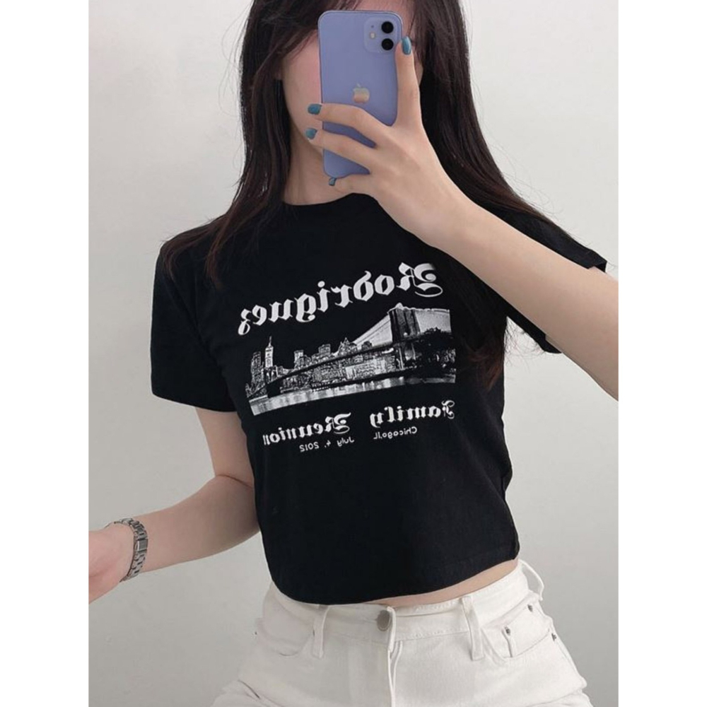 VENUSY｜ 韓國女裝｜芝加哥短版純棉T恤 韓國T恤 黑白-細節圖4