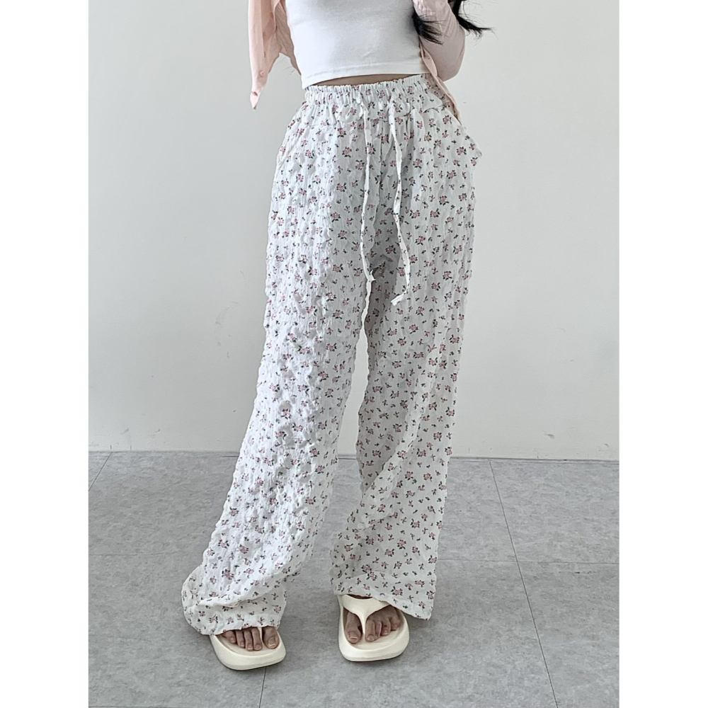 VENUSY｜ 韓國女裝｜小碎花皺紋拖地長褲-細節圖4