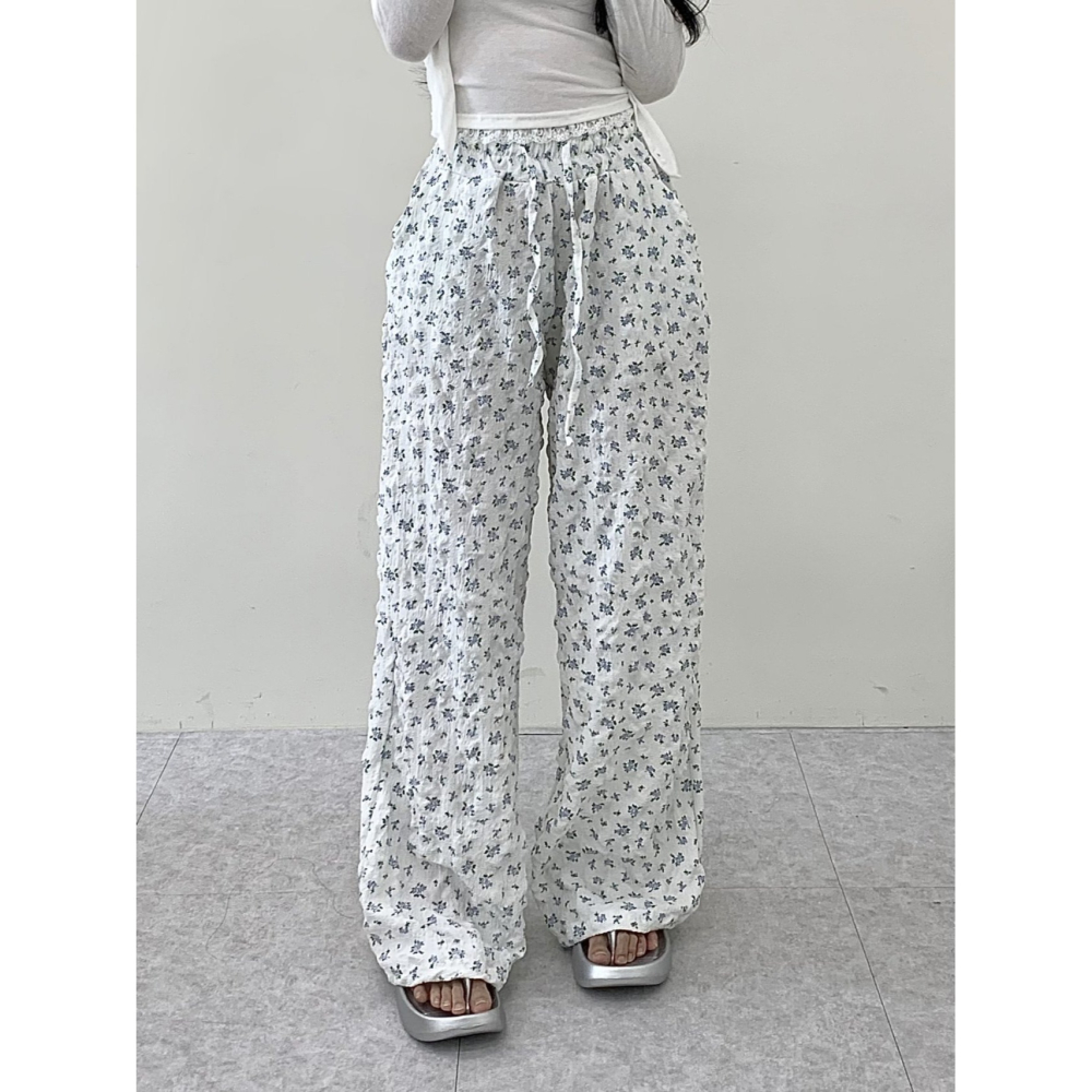 VENUSY｜ 韓國女裝｜小碎花皺紋拖地長褲-細節圖6