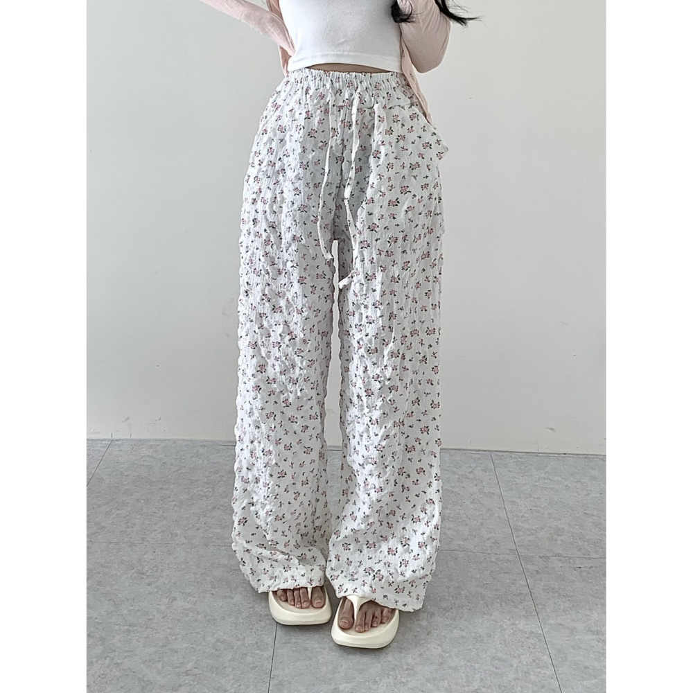 VENUSY｜ 韓國女裝｜小碎花皺紋拖地長褲-細節圖9