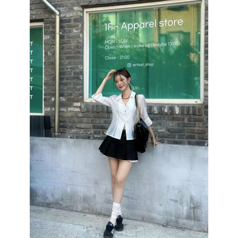 VENUSY｜ 韓國女裝｜絲質微深V領襯衫 韓國襯衫 針摺修身襯衫 韓國襯衫-細節圖3