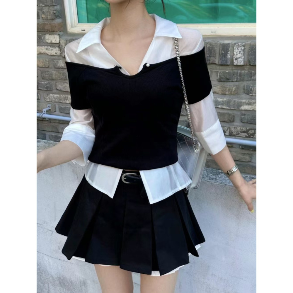 VENUSY｜ 韓國女裝｜絲質微深V領襯衫 韓國襯衫 針摺修身襯衫 韓國襯衫-細節圖6