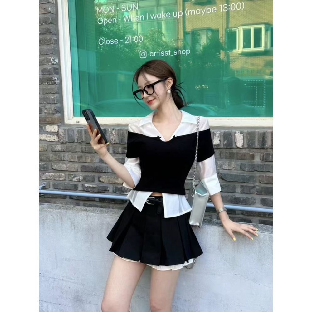 VENUSY｜ 韓國女裝｜絲質微深V領襯衫 韓國襯衫 針摺修身襯衫 韓國襯衫-細節圖7