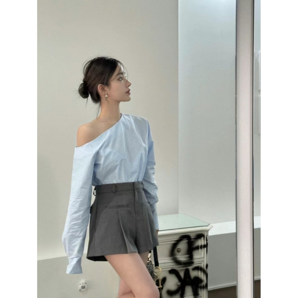 VENUSY｜ 韓國女裝｜一字斜肩純棉襯衫 韓國襯衫-細節圖2