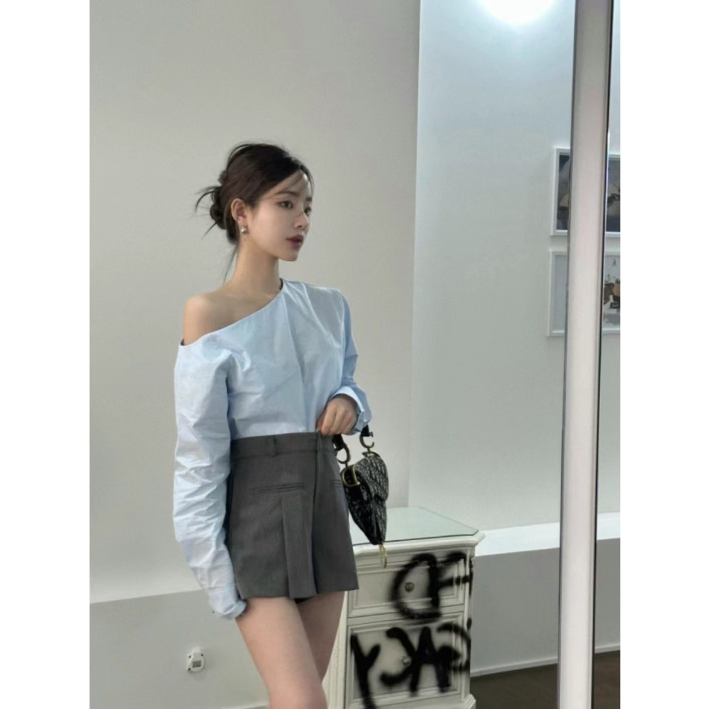 VENUSY｜ 韓國女裝｜一字斜肩純棉襯衫 韓國襯衫-細節圖3