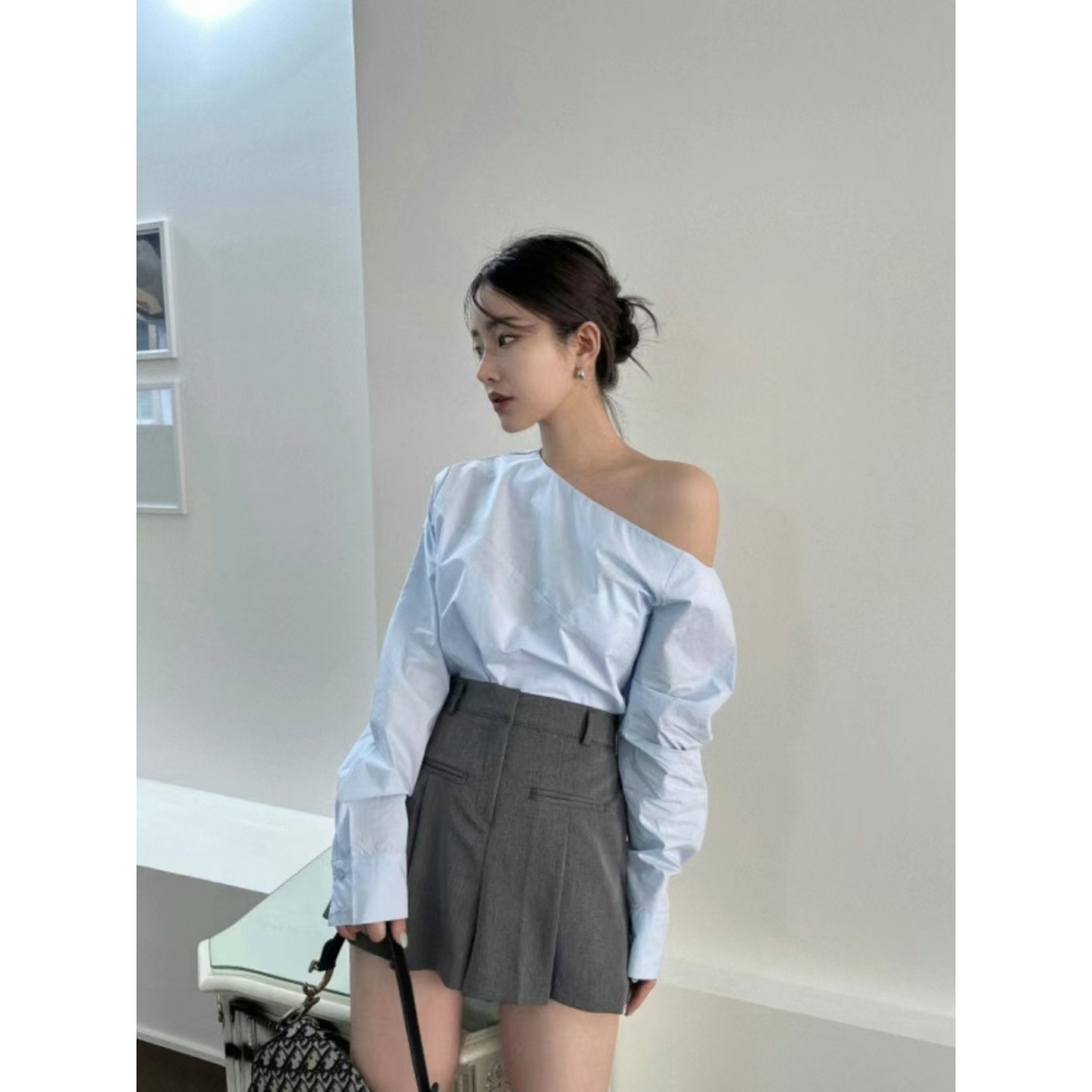 VENUSY｜ 韓國女裝｜一字斜肩純棉襯衫 韓國襯衫-細節圖4