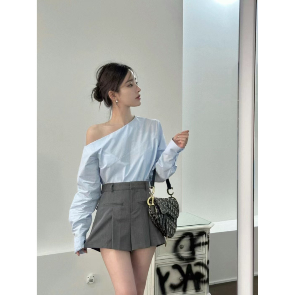 VENUSY｜ 韓國女裝｜一字斜肩純棉襯衫 韓國襯衫-細節圖5