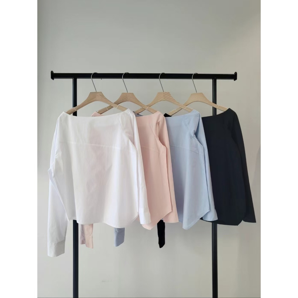 VENUSY｜ 韓國女裝｜一字斜肩純棉襯衫 韓國襯衫-細節圖9