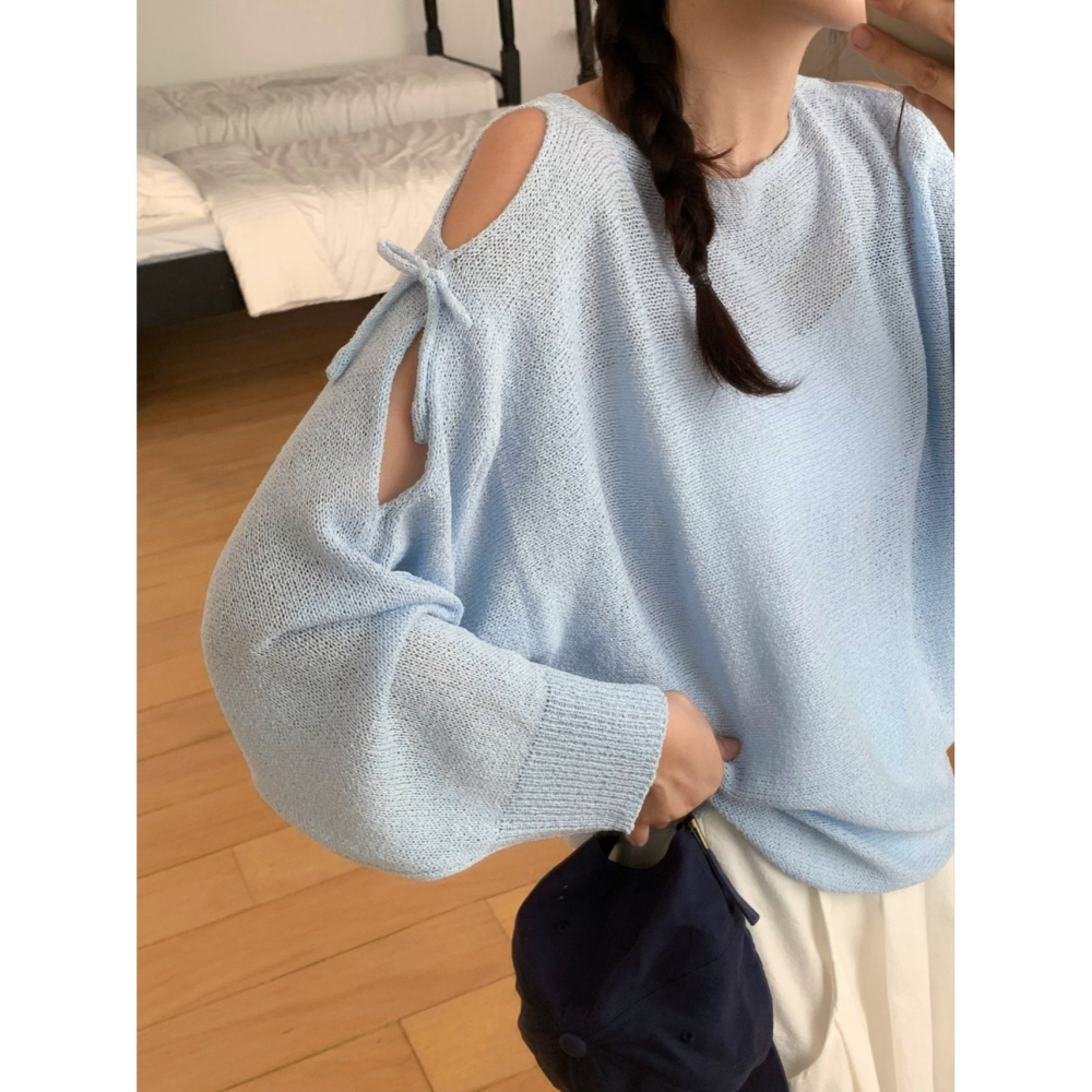 VENUSY｜ 韓國女裝｜雙肩挖洞絲帶針織上衣-細節圖5