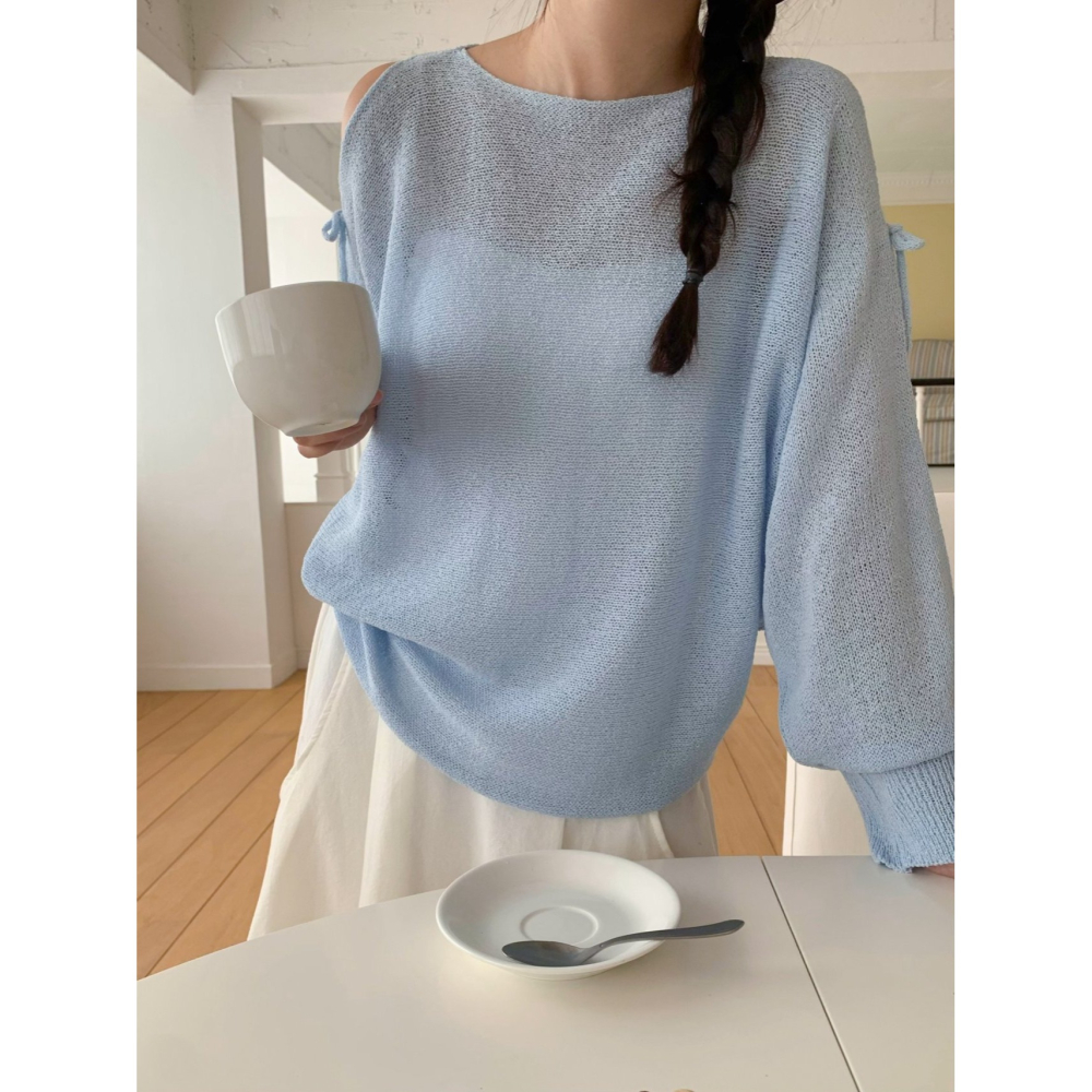 VENUSY｜ 韓國女裝｜雙肩挖洞絲帶針織上衣-細節圖6