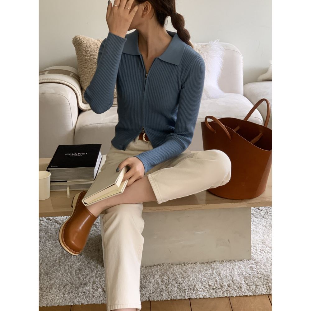 VENUSY｜ 韓國女裝｜骨領拉鍊修身針織外套 針織上衣-細節圖2