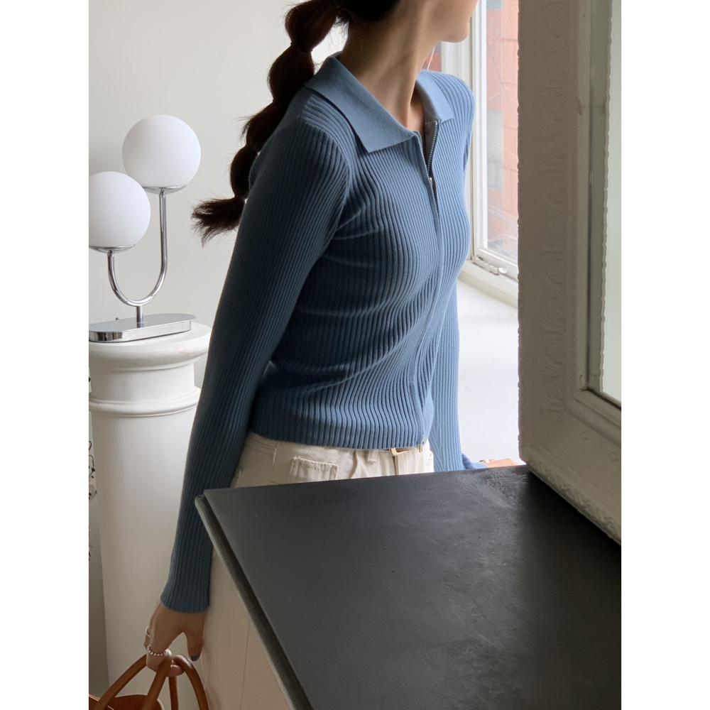 VENUSY｜ 韓國女裝｜骨領拉鍊修身針織外套 針織上衣-細節圖3