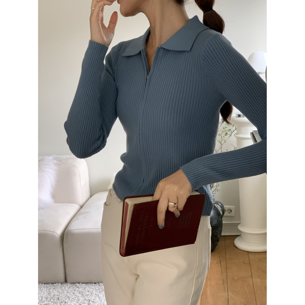 VENUSY｜ 韓國女裝｜骨領拉鍊修身針織外套 針織上衣-細節圖4