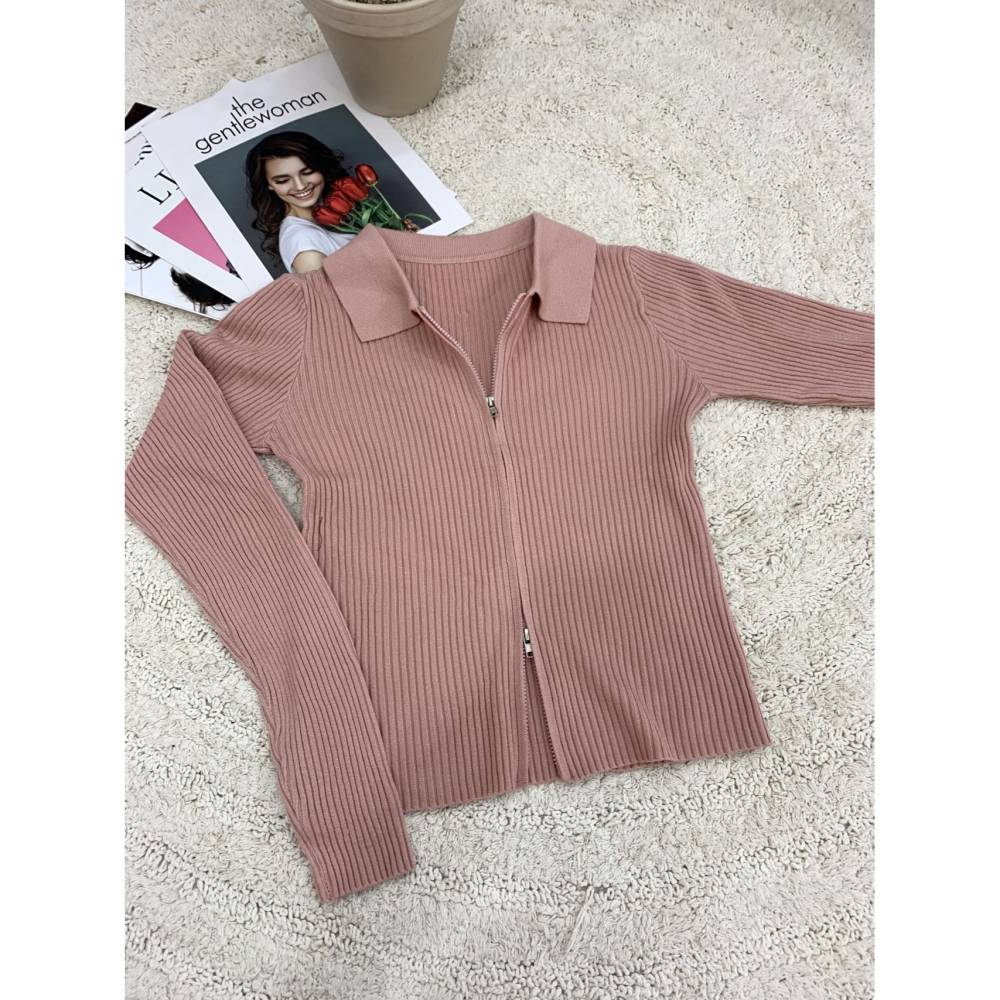 VENUSY｜ 韓國女裝｜骨領拉鍊修身針織外套 針織上衣-細節圖8