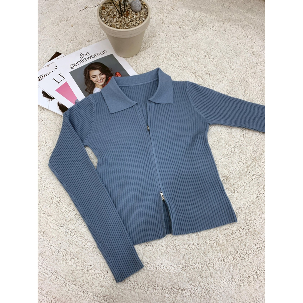 VENUSY｜ 韓國女裝｜骨領拉鍊修身針織外套 針織上衣-細節圖9