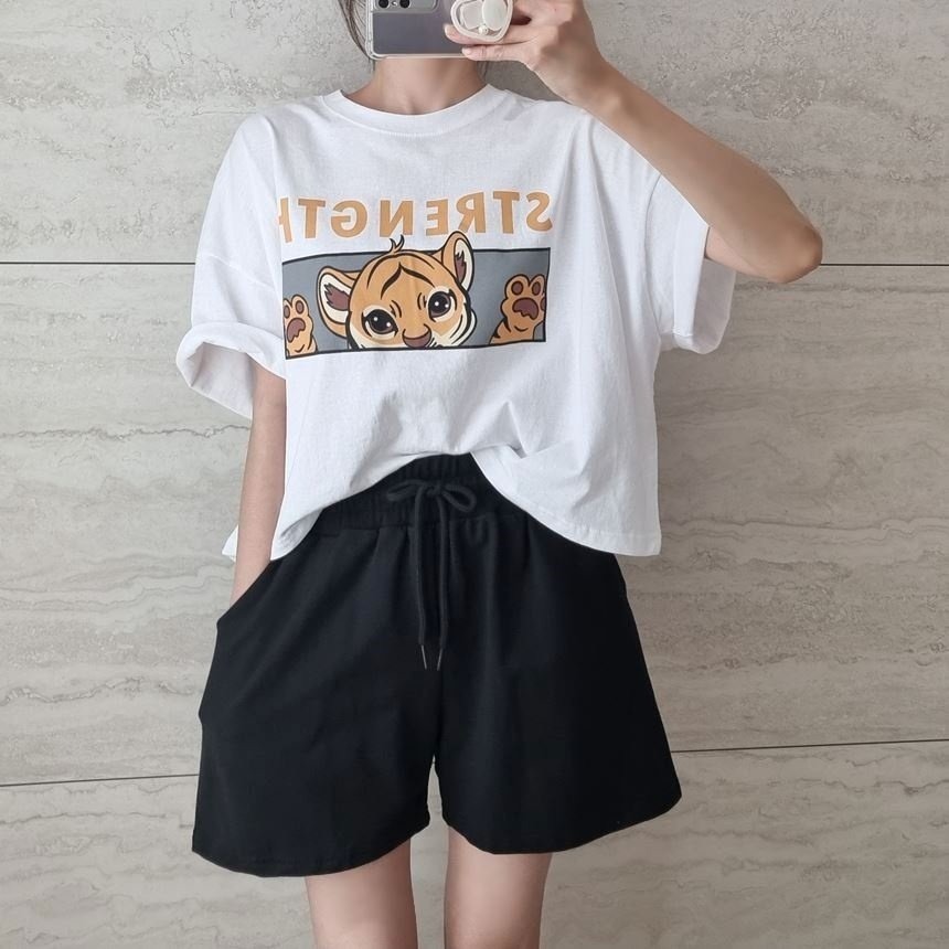 VENUSY｜ 韓國女裝｜短版寬鬆小老虎純棉T恤 韓國T恤-細節圖4