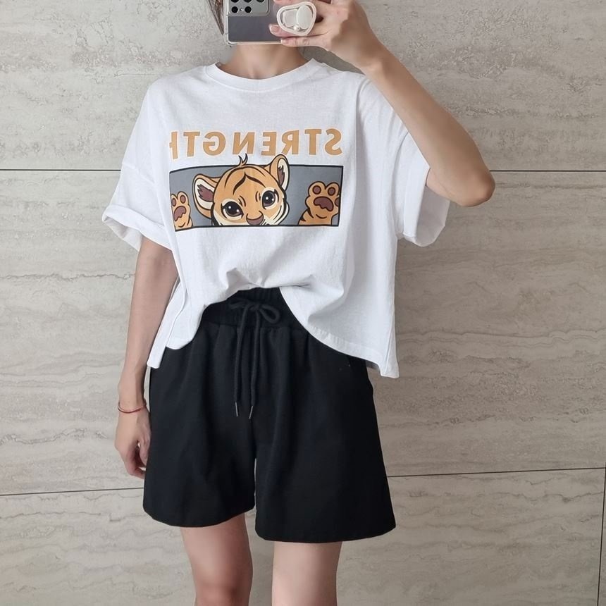 VENUSY｜ 韓國女裝｜短版寬鬆小老虎純棉T恤 韓國T恤-細節圖5