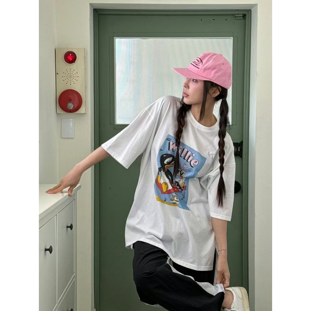 VENUSY｜ 韓國女裝｜落肩寬鬆Penguin純棉短袖T恤 韓國T恤 街舞 Jazz-細節圖4