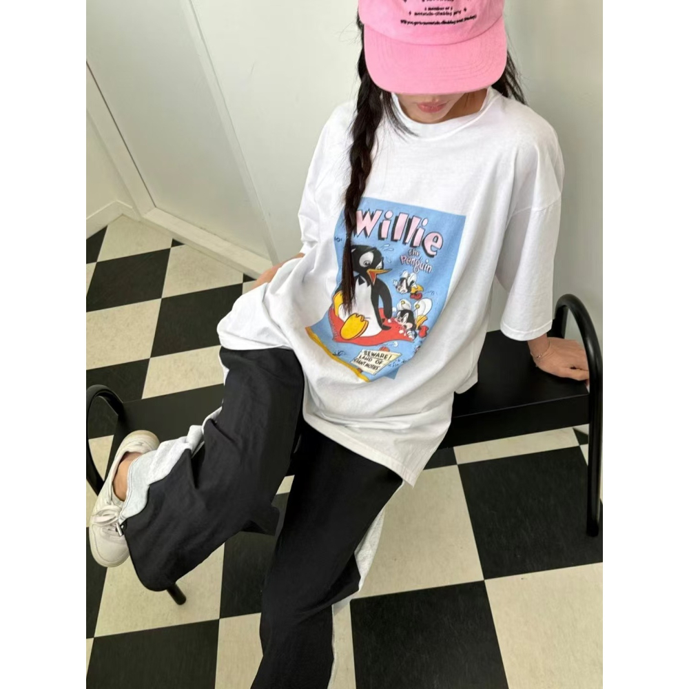 VENUSY｜ 韓國女裝｜落肩寬鬆Penguin純棉短袖T恤 韓國T恤 街舞 Jazz-細節圖6