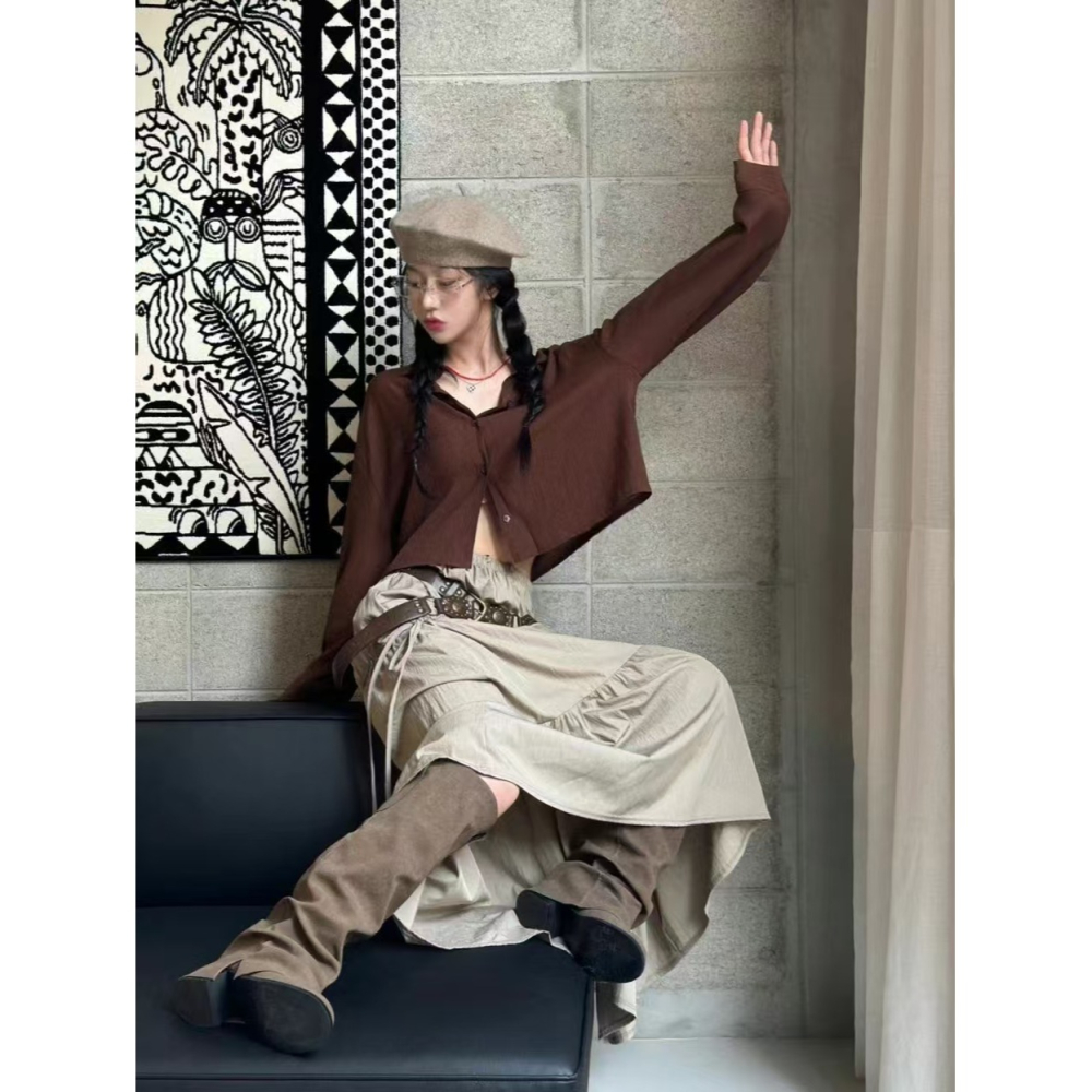 VENUSY｜ 韓國女裝｜長袖短版落肩袖身襯衫 韓國襯衫-細節圖3