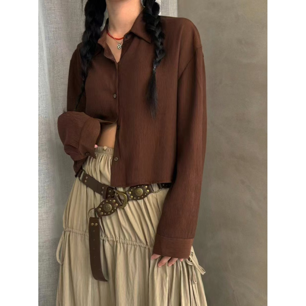 VENUSY｜ 韓國女裝｜長袖短版落肩袖身襯衫 韓國襯衫-細節圖5