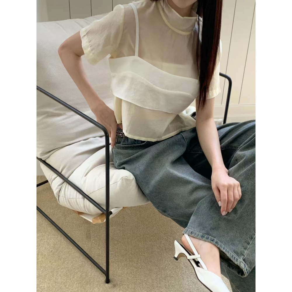 VENUSY｜ 韓國女裝｜透視短袖襯衫 韓國襯衫 可外穿 可內搭-細節圖4