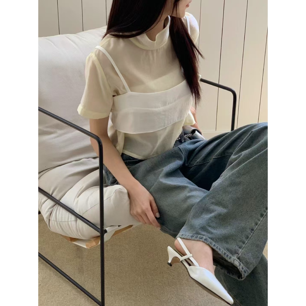 VENUSY｜ 韓國女裝｜透視短袖襯衫 韓國襯衫 可外穿 可內搭-細節圖7