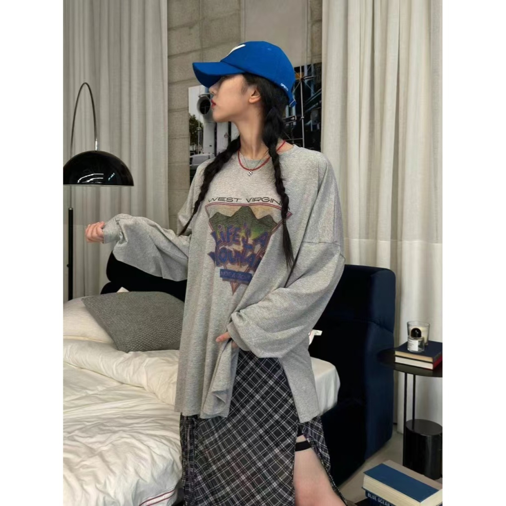 VENUSY｜ 韓國女裝｜落肩慵懶自由風純棉長袖T恤 韓國T恤-細節圖2